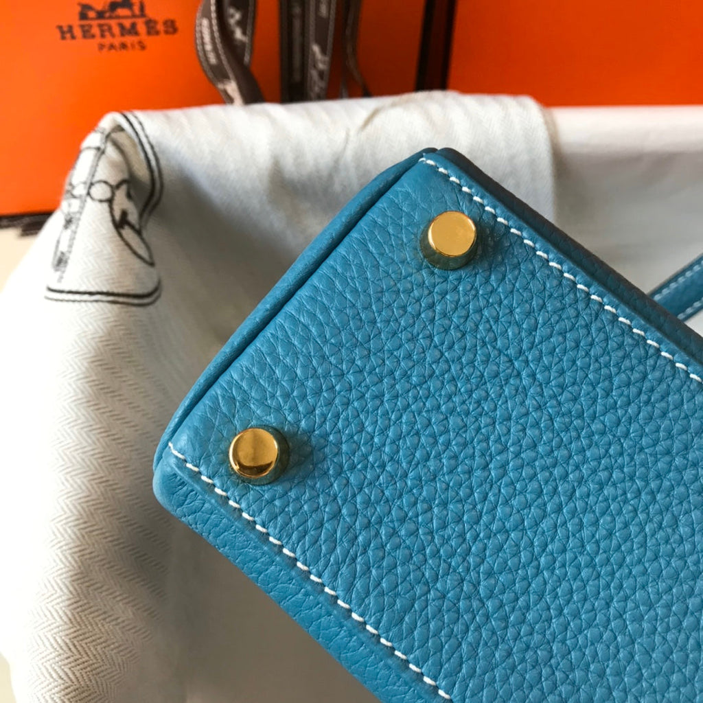 HM MINI KELLY 20CM BLEU JEAN CUIR TOGO QUINCAILLERIE DORÉ
