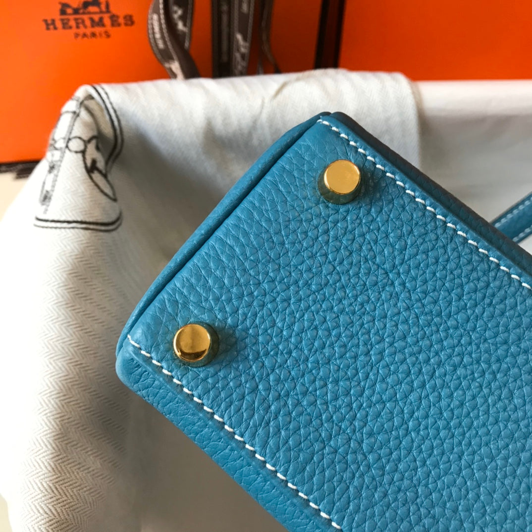 HM MINI KELLY 20CM BLEU JEAN CUIR TOGO QUINCAILLERIE DORÉ