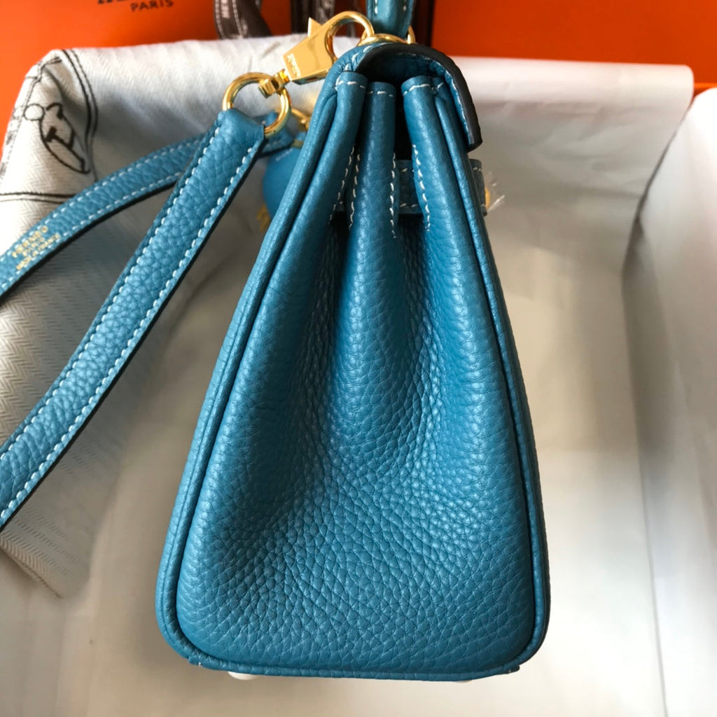 HM MINI KELLY 20CM BLEU JEAN CUIR TOGO QUINCAILLERIE DORÉ