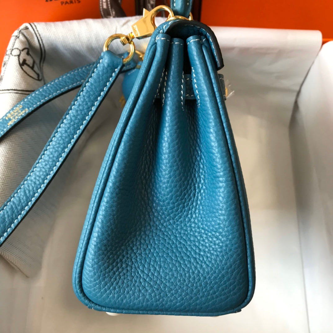 HM MINI KELLY 20CM BLEU JEAN CUIR TOGO QUINCAILLERIE DORÉ