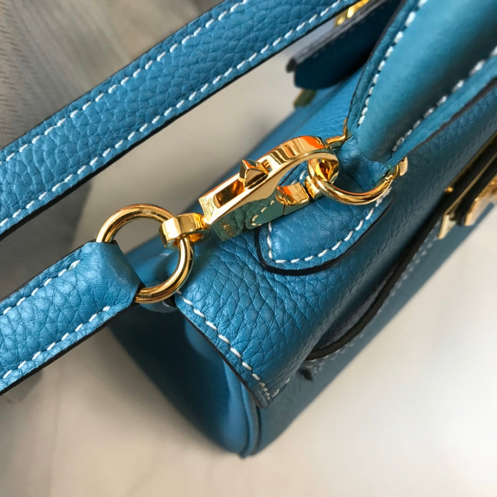 HM MINI KELLY 20CM BLEU JEAN CUIR TOGO QUINCAILLERIE DORÉ