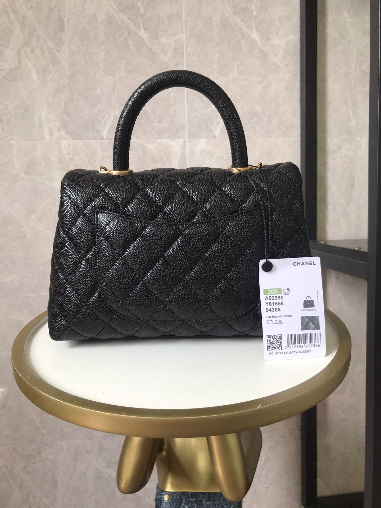 BLACK QUILTED CAVIAR COCO TOPHANDLE 24 GOLD HARDWARE