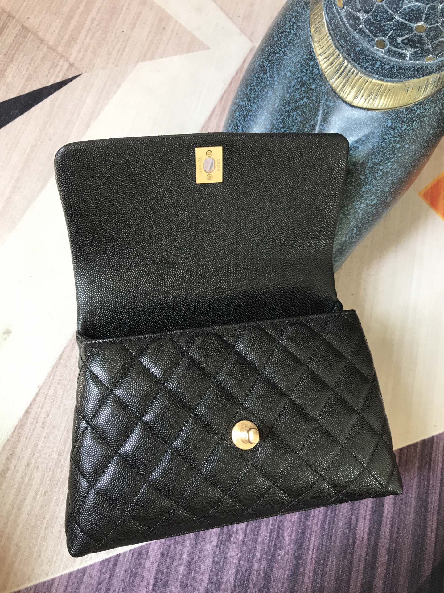 BLACK QUILTED CAVIAR COCO TOPHANDLE 24 GOLD HARDWARE