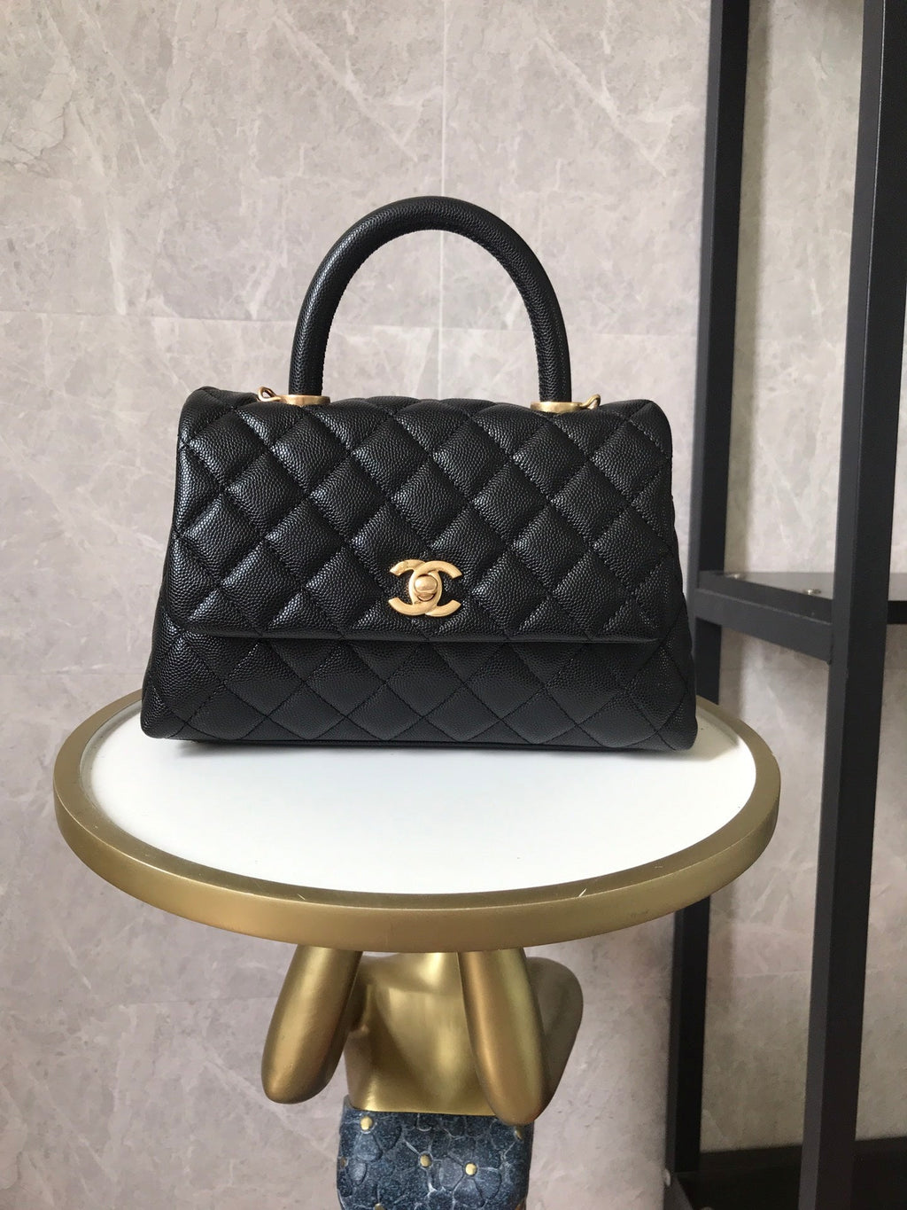 BLACK QUILTED CAVIAR COCO TOPHANDLE 24 GOLD HARDWARE