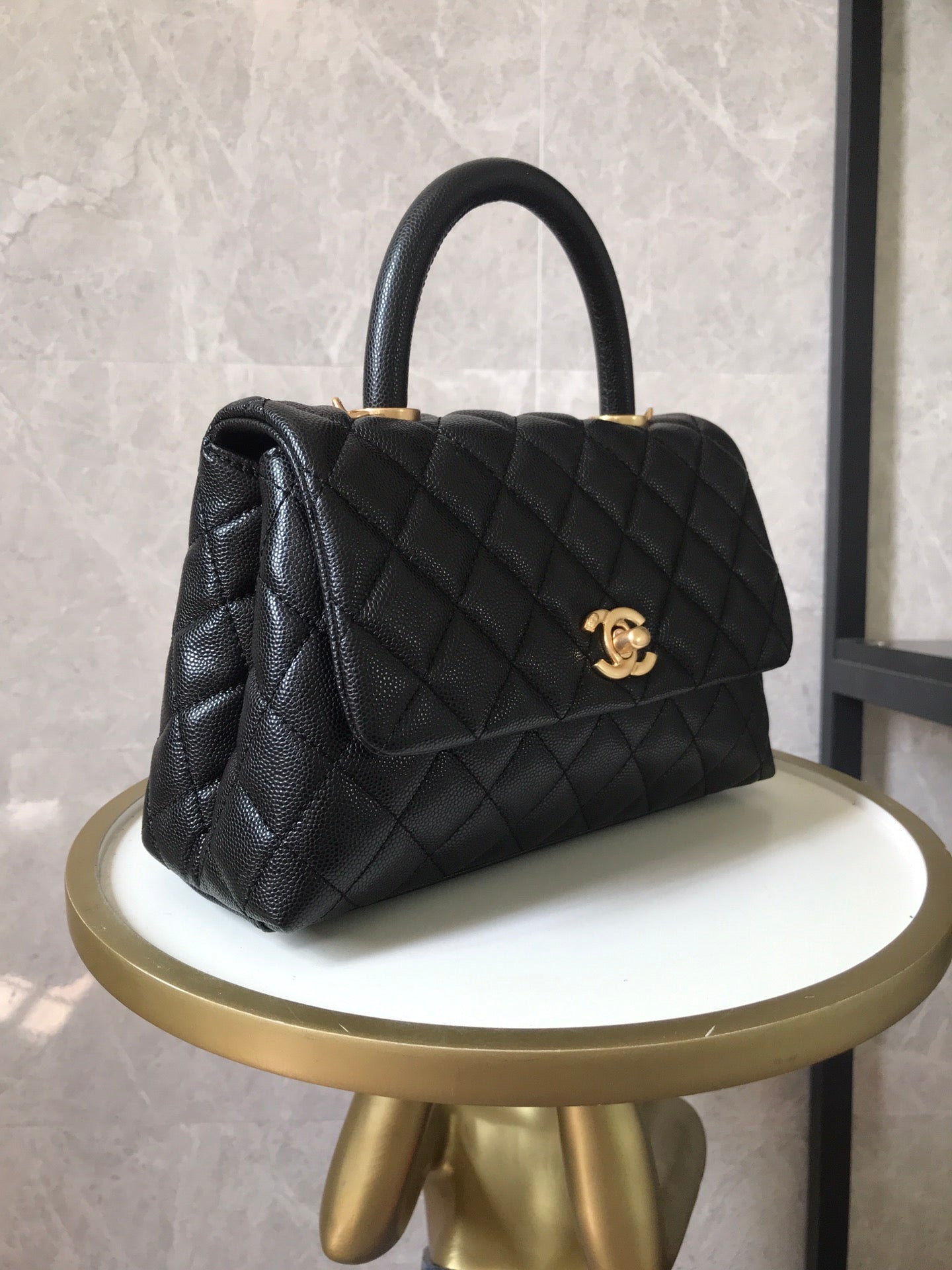 BLACK QUILTED CAVIAR COCO TOPHANDLE 24 GOLD HARDWARE