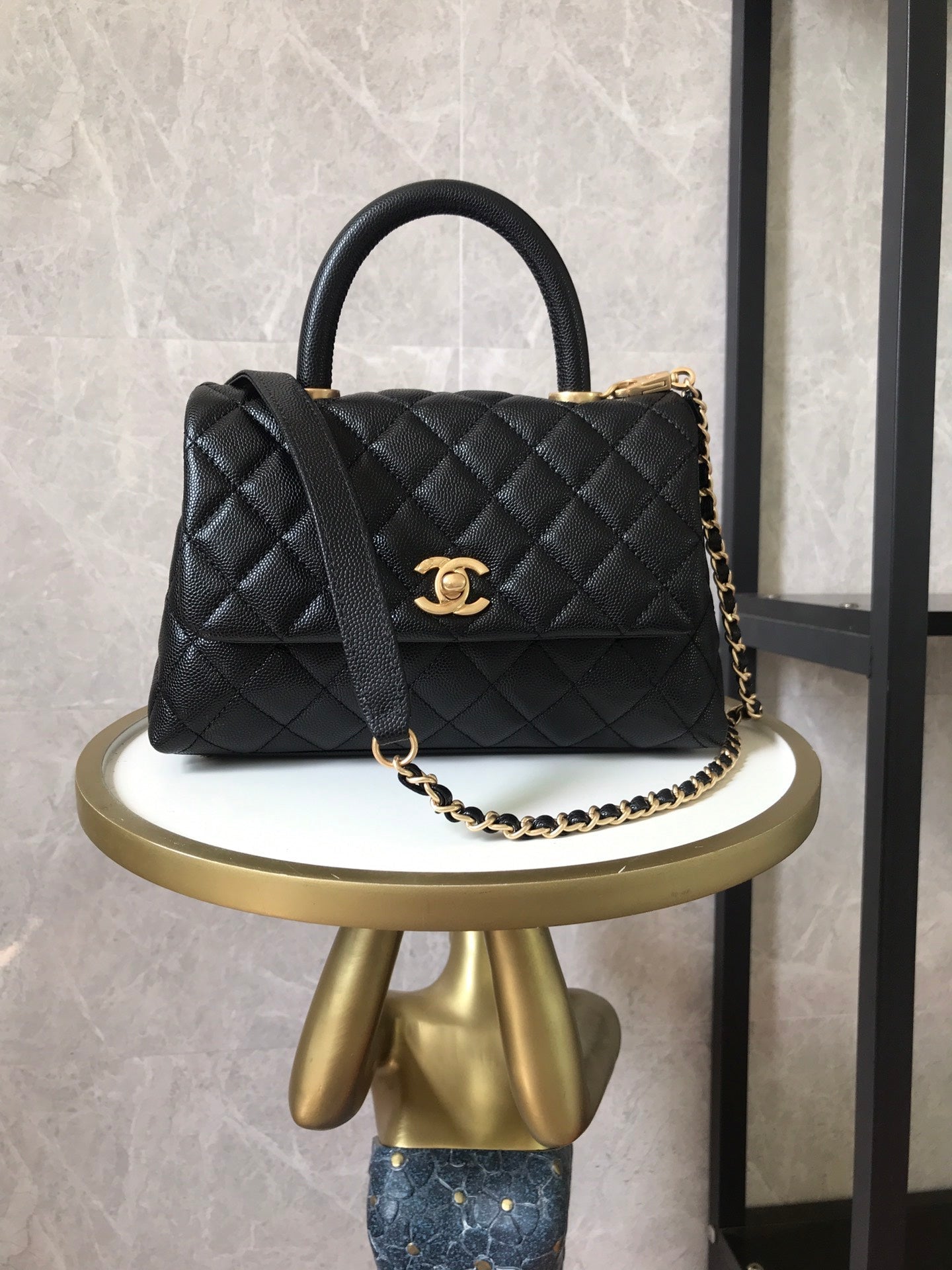 BLACK QUILTED CAVIAR COCO TOPHANDLE 24 GOLD HARDWARE