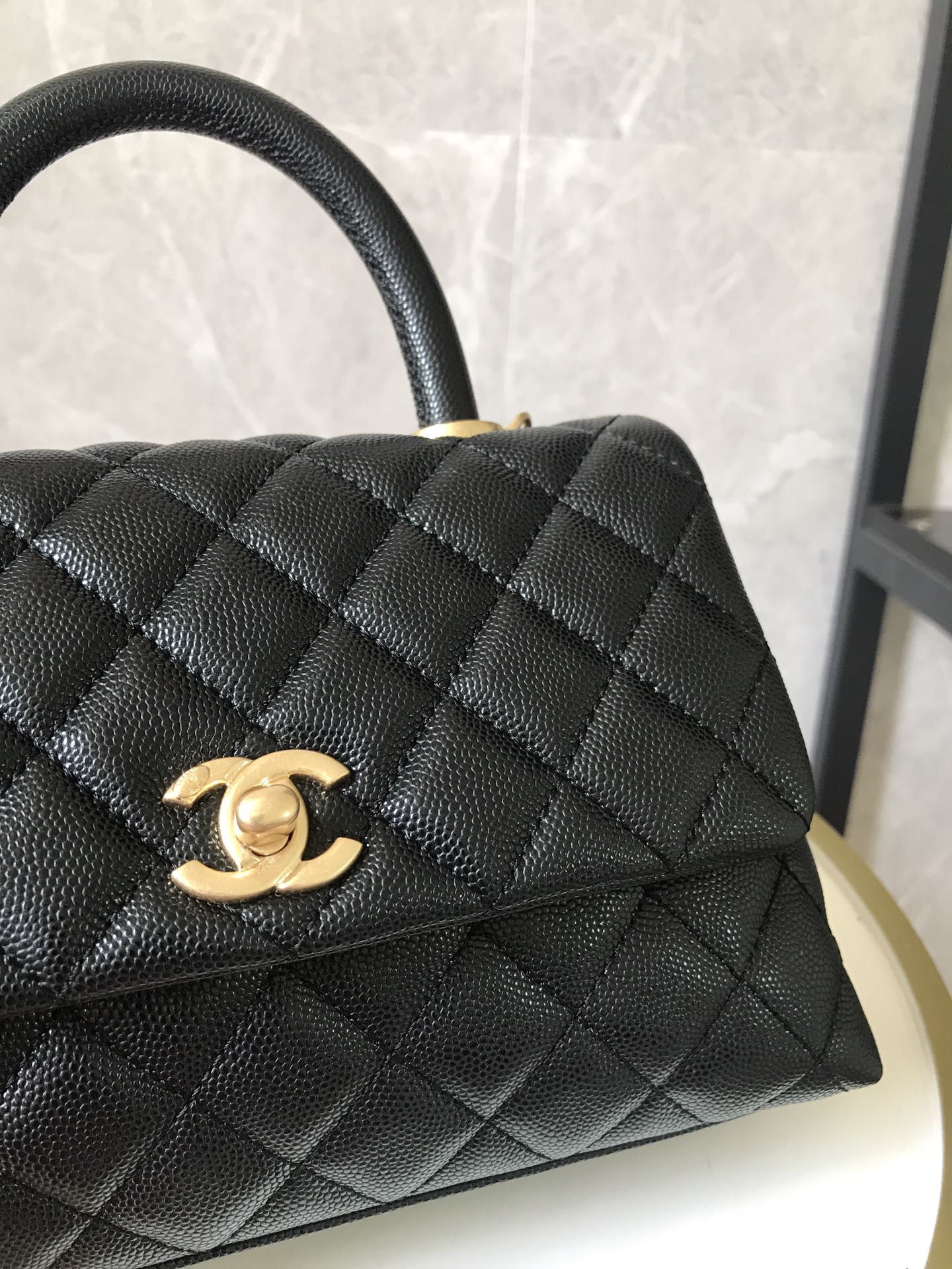 BLACK QUILTED CAVIAR COCO TOPHANDLE 24 GOLD HARDWARE