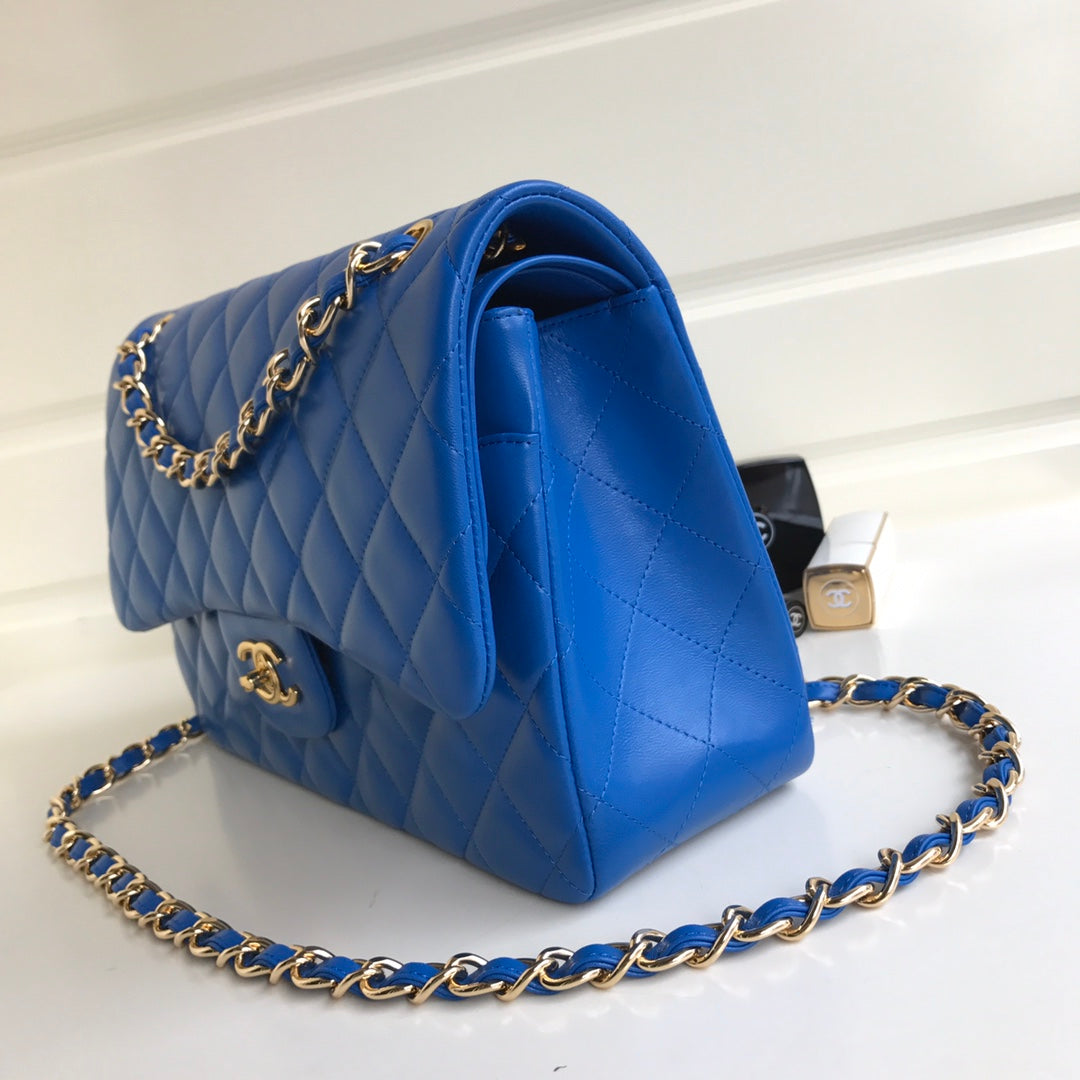 FLAP BAG JUMBO 30 BLUE LAMBSKIN GOLD HARDWARE