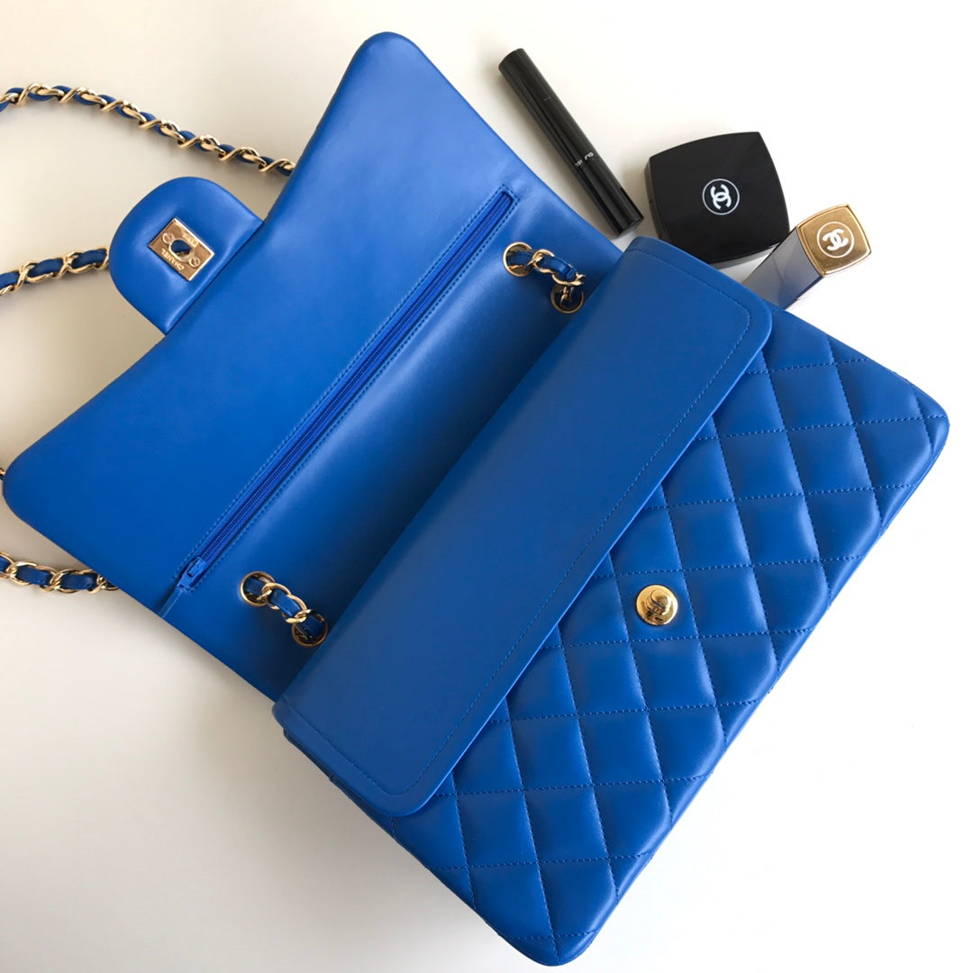 FLAP BAG JUMBO 30 BLUE LAMBSKIN GOLD HARDWARE