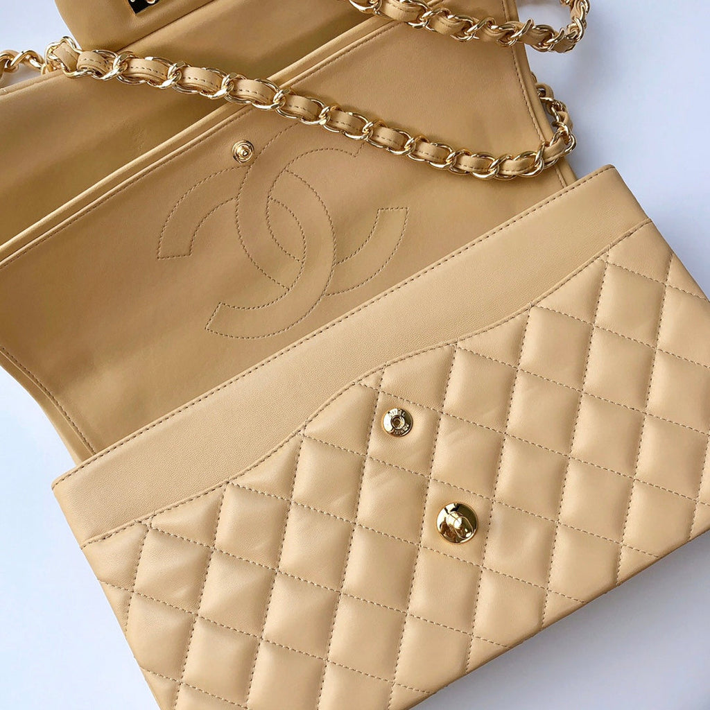 SAC À RABAT JUMBO 30 CUIR D'AGNEAU BEIGE CLAIR QUINCAILLERIE DORÉ