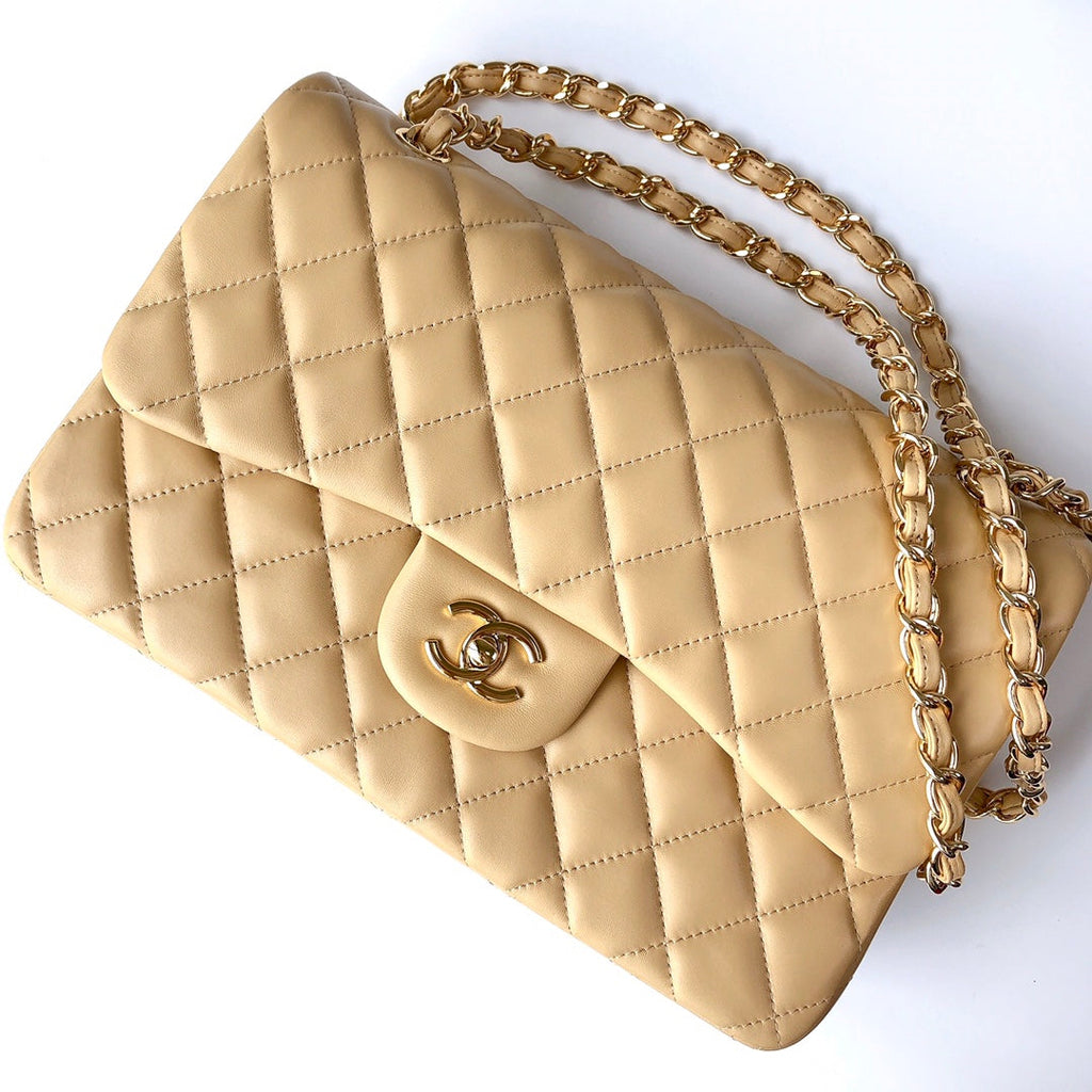 SAC À RABAT JUMBO 30 CUIR D'AGNEAU BEIGE CLAIR QUINCAILLERIE DORÉ