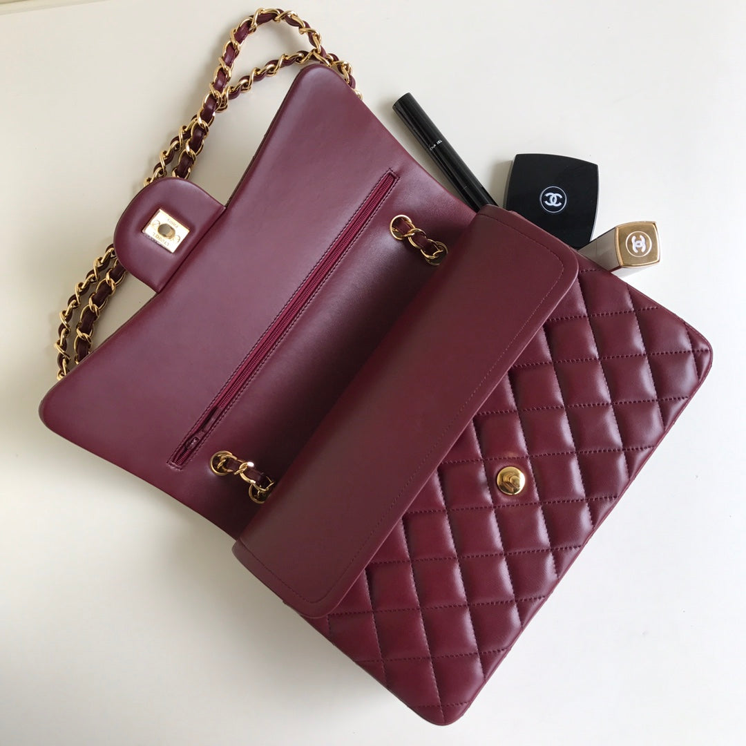 FLAP BAG JUMBO 30 BURGUNDY LAMBSKIN GOLD HARDWARE