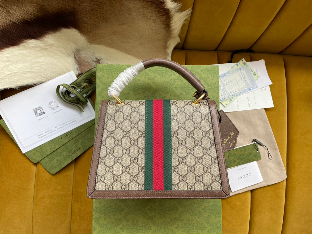 SAC À MAIN GG MINI 25 EN TOILE BEIGE ET CUIR DE VEAU MARRON