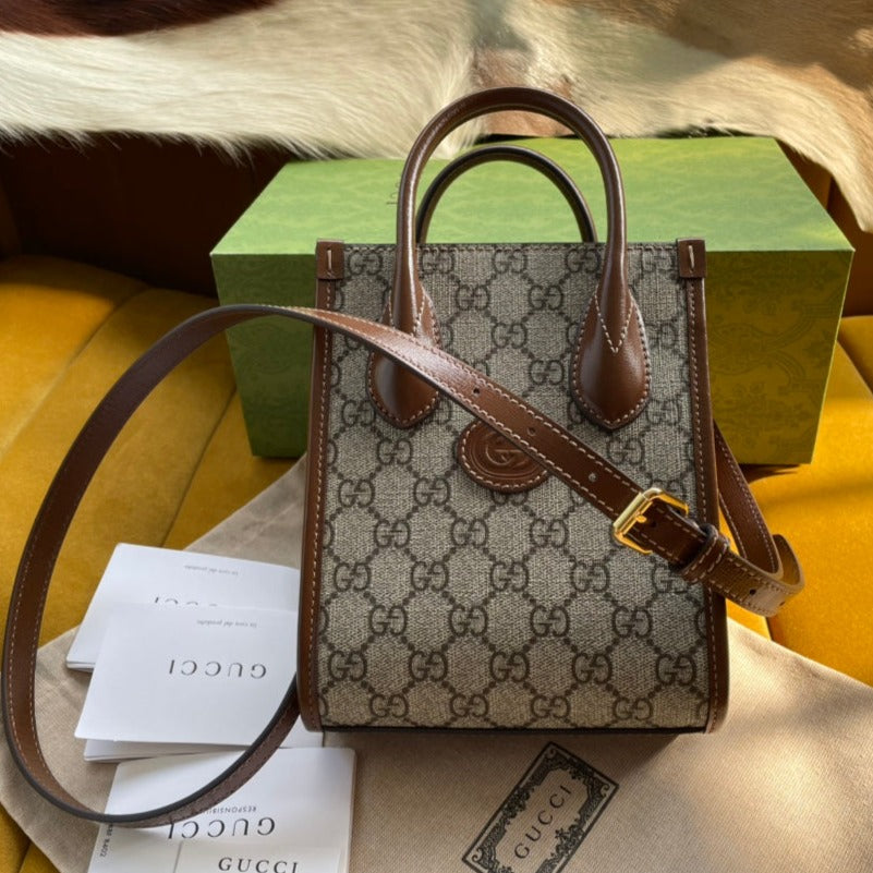 MINI SAC TOTE 20 EN TOILE BEIGE ET CUIR DE VEAU MARRON