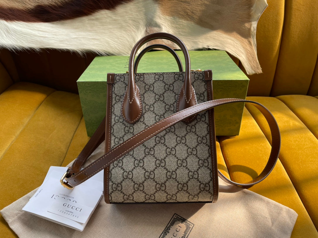 MINI SAC TOTE 20 EN TOILE BEIGE ET CUIR DE VEAU MARRON