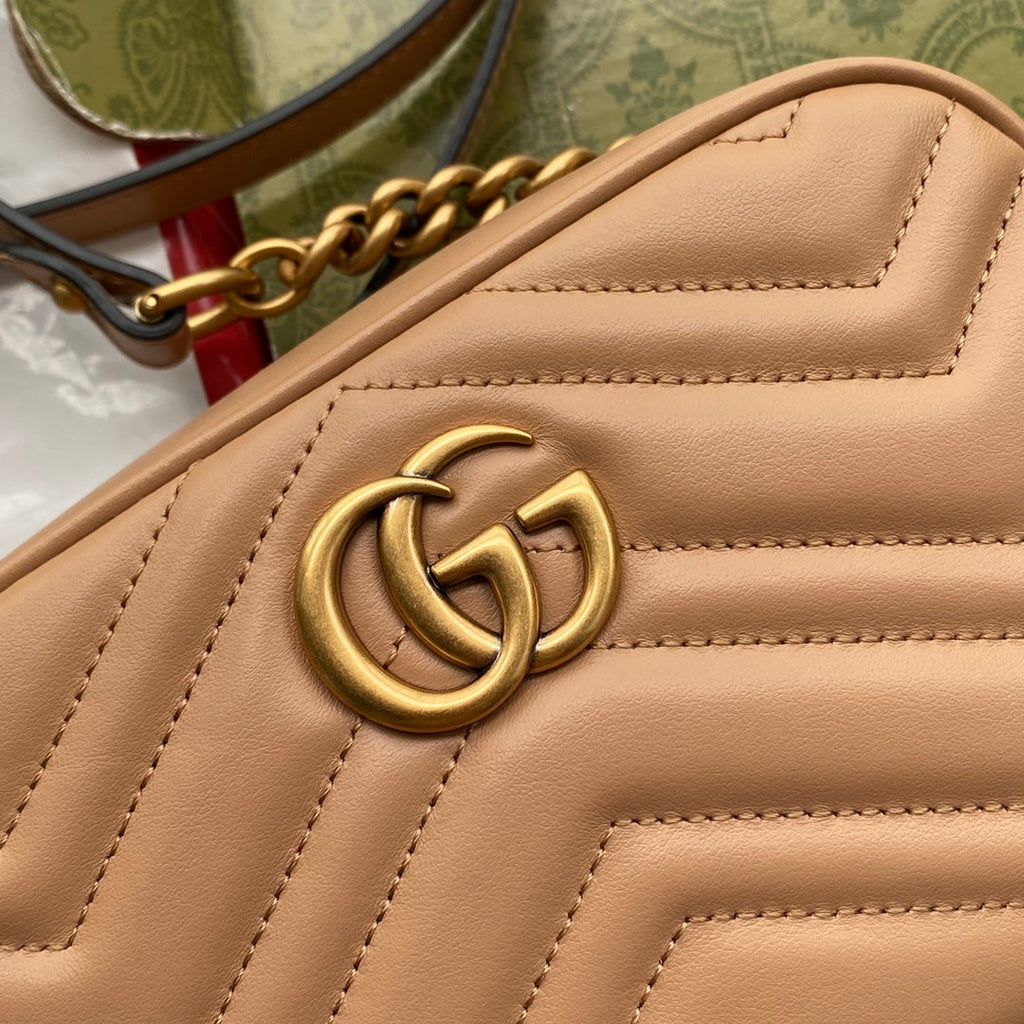 GG MARMONT MINI 18CM ZIP HAUT EN CUIR DE VEAU BEIGE FONCÉ QUINCAILLERIE DORÉ