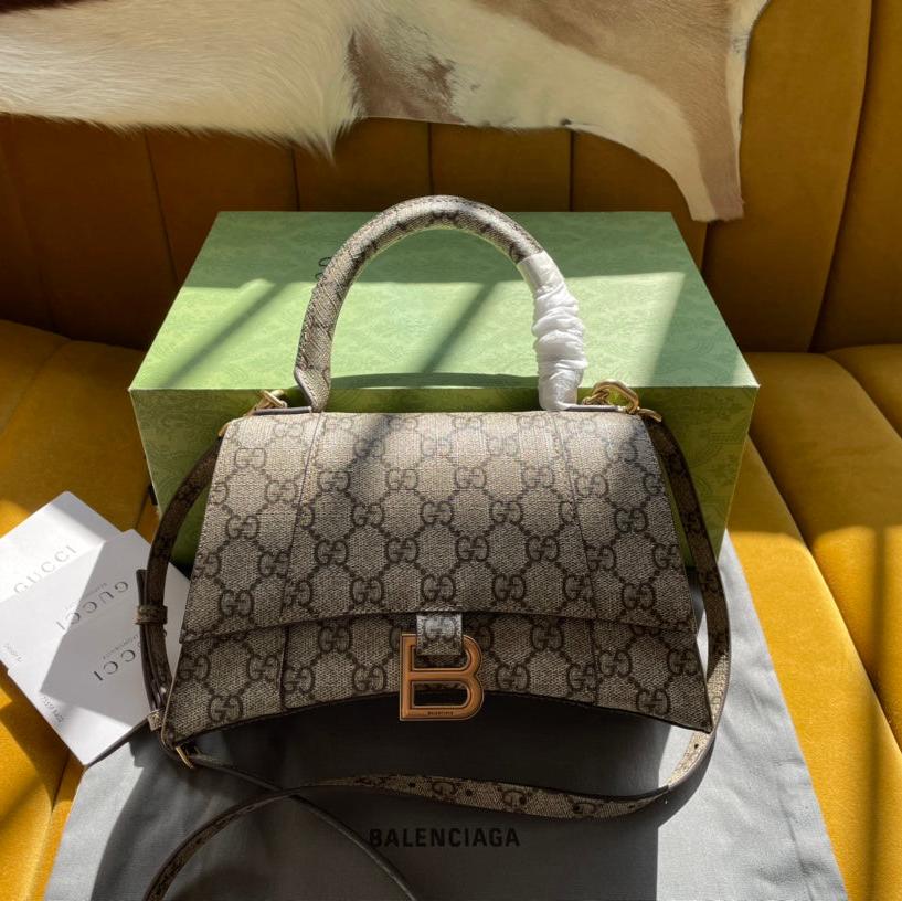 GG X BALENCIAGA HOURGLASS BAG 22 IN BEIGE EBONY MONOGRAM CANVAS GOLD HARDWARE