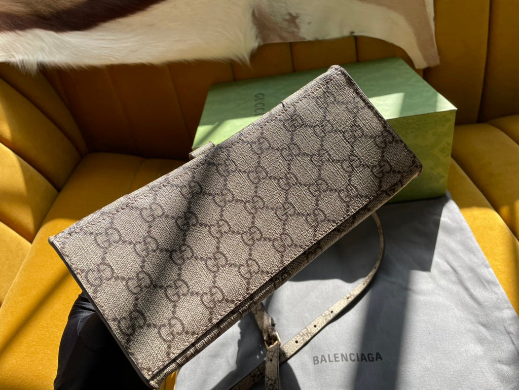 GG X BALENCIAGA HOURGLASS BAG 22 IN BEIGE EBONY MONOGRAM CANVAS GOLD HARDWARE