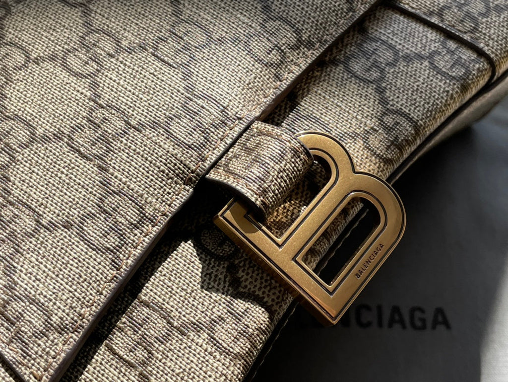 GG X BALENCIAGA HOURGLASS BAG 22 IN BEIGE EBONY MONOGRAM CANVAS GOLD HARDWARE