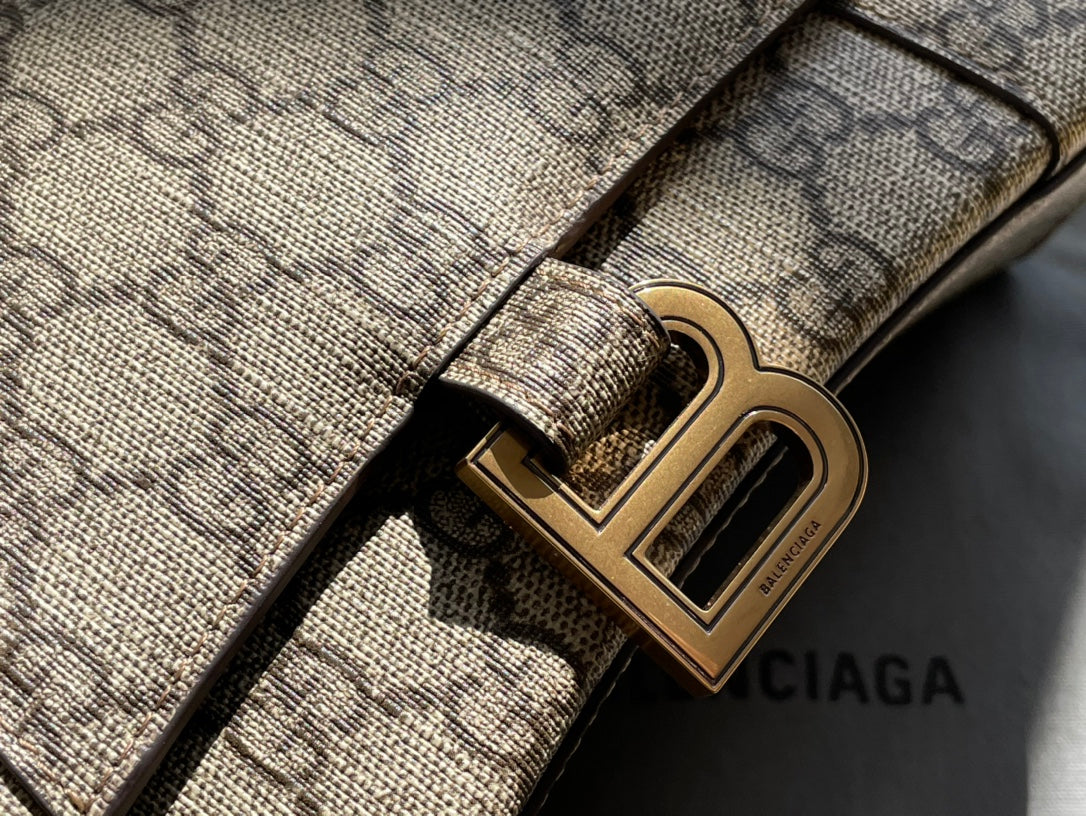 GG X BALENCIAGA HOURGLASS BAG 22 IN BEIGE EBONY MONOGRAM CANVAS GOLD HARDWARE