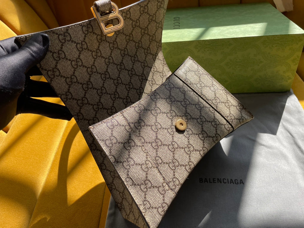 GG X BALENCIAGA HOURGLASS BAG 22 IN BEIGE EBONY MONOGRAM CANVAS GOLD HARDWARE