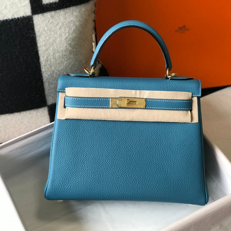 HM ケリー 32cm デニム ブルー トゴレザー ゴールド金具