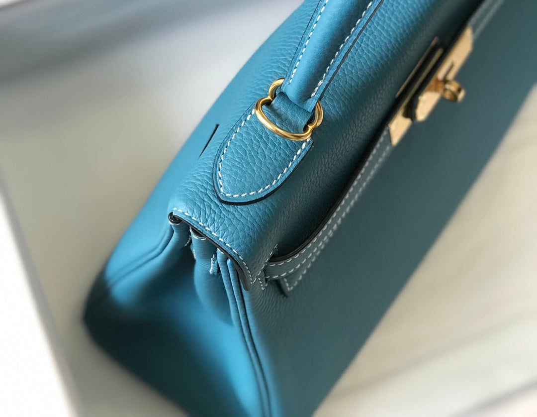 HM ケリー 32cm デニム ブルー トゴレザー ゴールド金具