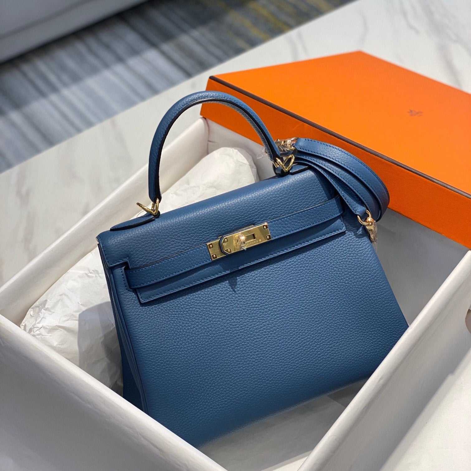 HM KELLY 25CM AGATE BLEU TOGO QUINCAILLERIE OR