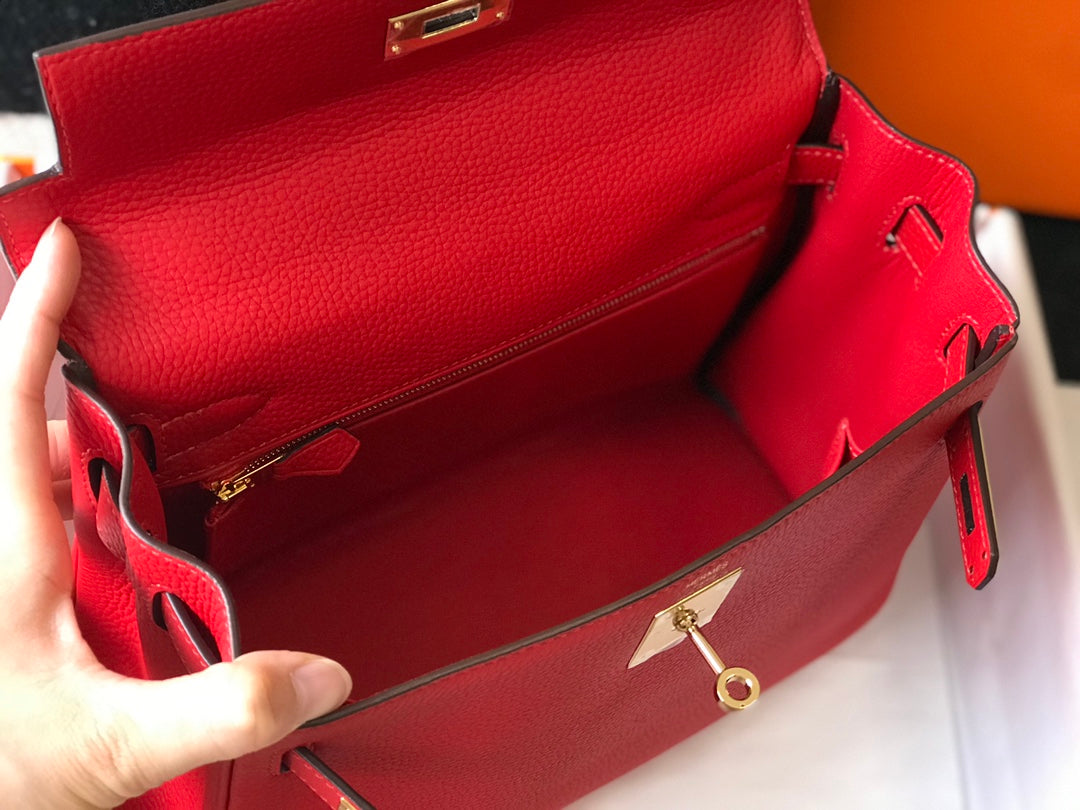 HM ケリー 28cm レッド トーゴ ゴールド金具