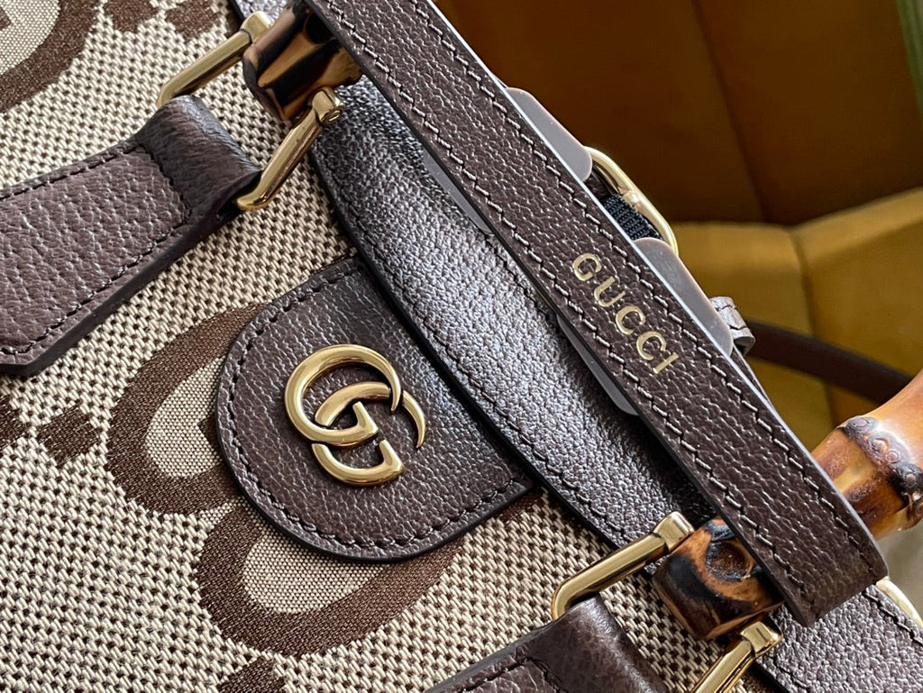 MINI SAC CABAS GG DIANA 27 EN TOILE BEIGE ET CUIR DE VEAU MARRON