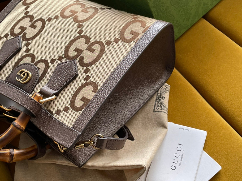 MINI SAC CABAS GG DIANA 27 EN TOILE BEIGE ET CUIR DE VEAU MARRON