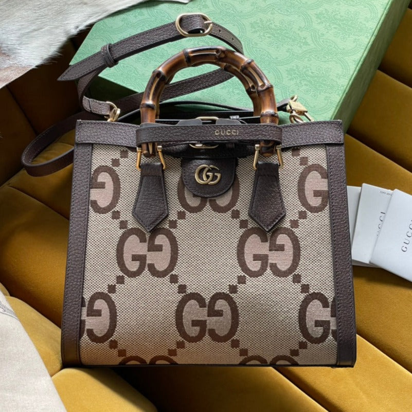 MINI SAC CABAS GG DIANA 27 EN TOILE BEIGE ET CUIR DE VEAU MARRON