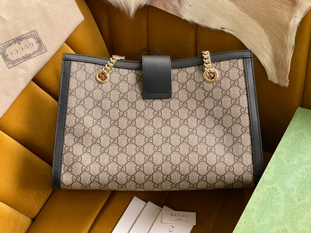 Grand sac bandoulière GG PADLOCK 35 en toile beige et cuir de veau noir