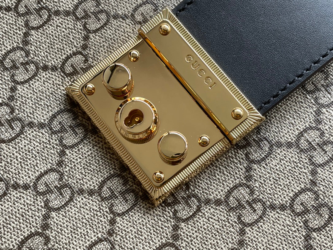 Grand sac bandoulière GG PADLOCK 35 en toile beige et cuir de veau noir