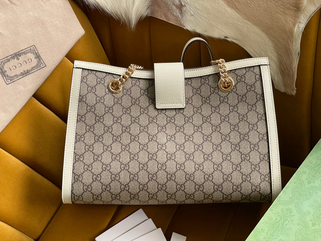 Grand sac bandoulière GG PADLOCK 35 en toile beige et cuir de veau blanc