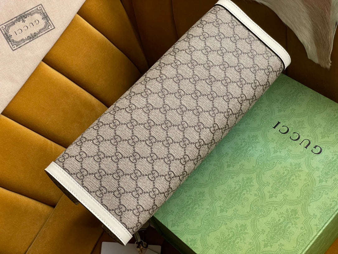 Grand sac bandoulière GG PADLOCK 35 en toile beige et cuir de veau blanc