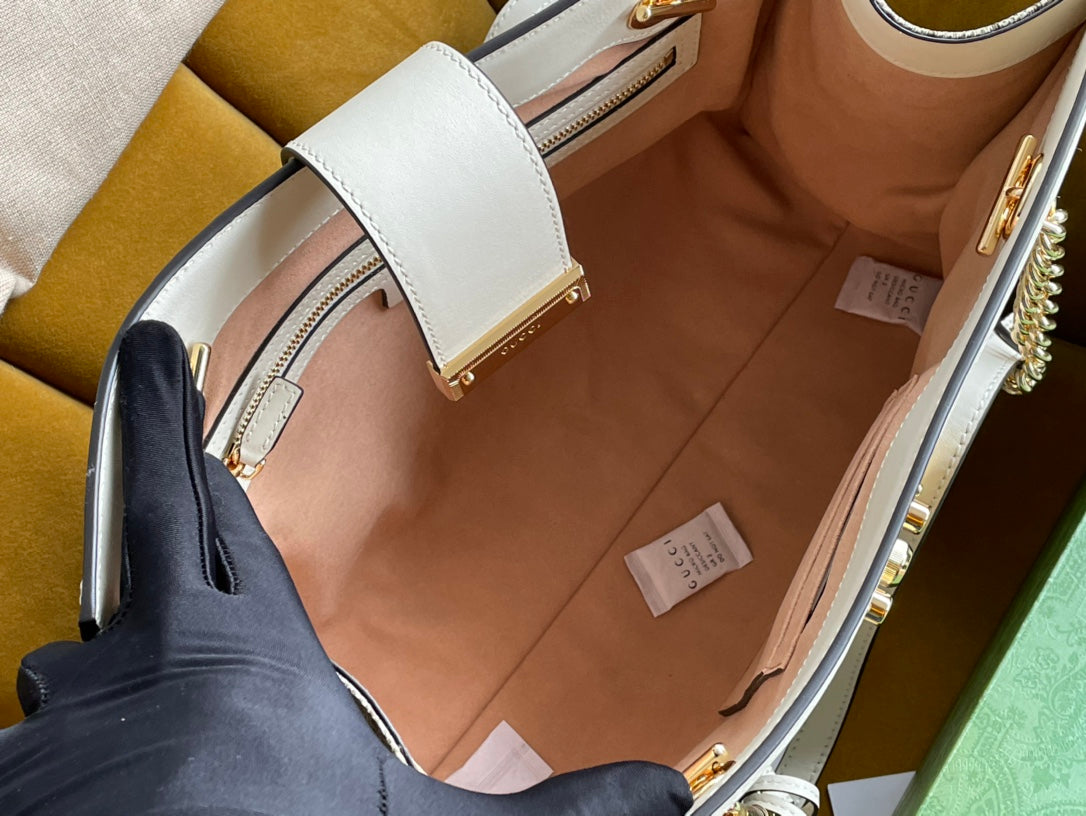 Grand sac bandoulière GG PADLOCK 35 en toile beige et cuir de veau blanc