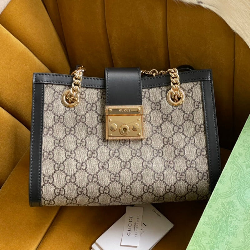 SAC À BANDOULIÈRE GG PADLOCK MOYEN 26 EN TOILE BEIGE ET CUIR DE VEAU NOIR