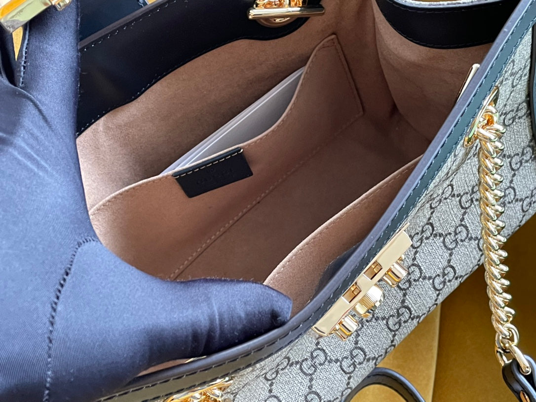 SAC À BANDOULIÈRE GG PADLOCK MOYEN 26 EN TOILE BEIGE ET CUIR DE VEAU NOIR