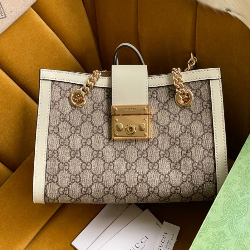 SAC À BANDOULIÈRE GG PADLOCK MOYEN 26 EN TOILE BEIGE ET CUIR DE VEAU BLANC