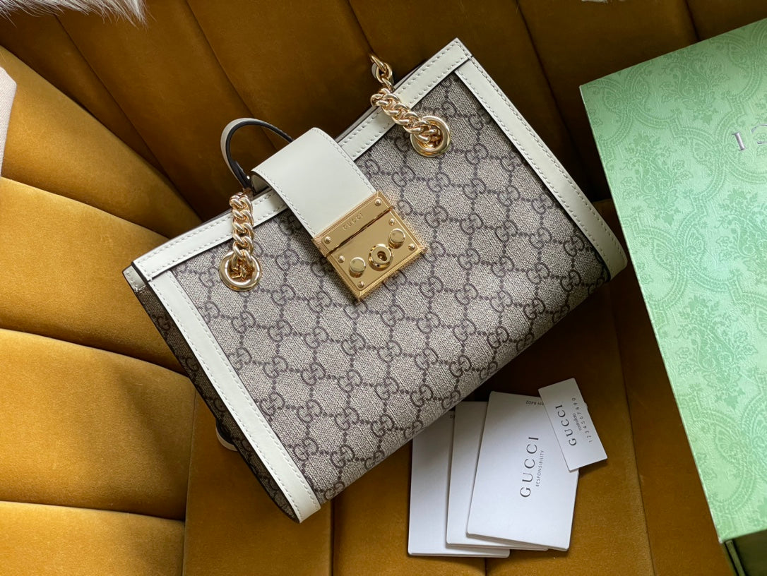 SAC À BANDOULIÈRE GG PADLOCK MOYEN 26 EN TOILE BEIGE ET CUIR DE VEAU BLANC