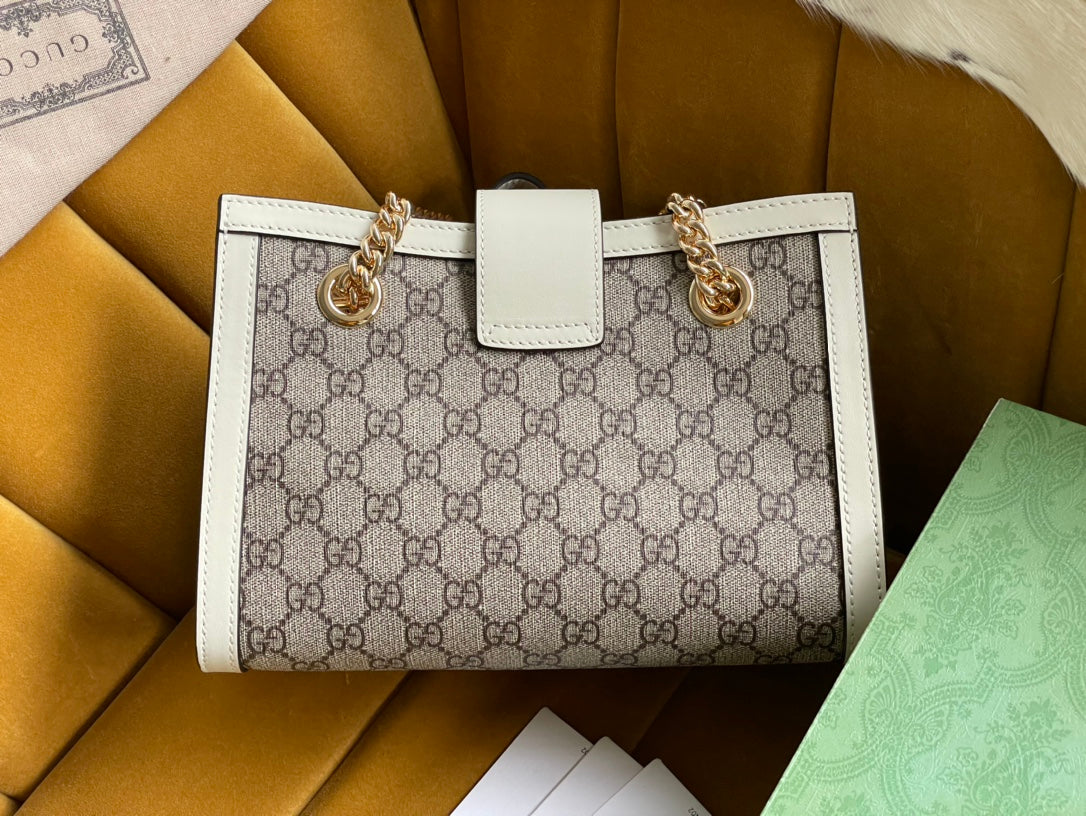 SAC À BANDOULIÈRE GG PADLOCK MOYEN 26 EN TOILE BEIGE ET CUIR DE VEAU BLANC