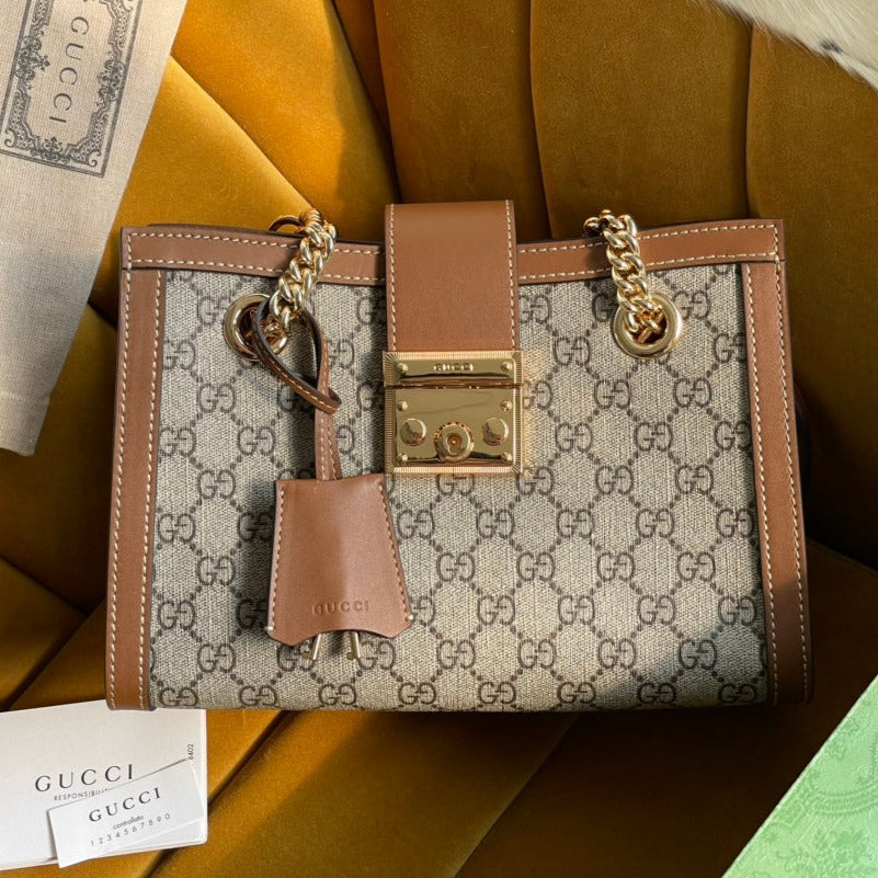 SAC À BANDOULIÈRE GG PADLOCK MOYEN 26 EN TOILE BEIGE ET CUIR DE VEAU MARRON