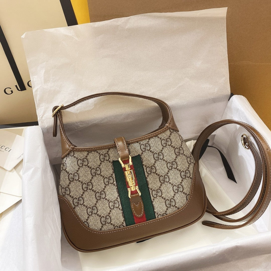 SAC À BANDOULIÈRE JACKIE 1961 MINI 19 EN TOILE BEIGE ET CUIR DE VEAU MARRON