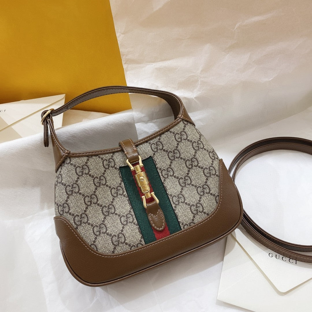 SAC À BANDOULIÈRE JACKIE 1961 MINI 19 EN TOILE BEIGE ET CUIR DE VEAU MARRON