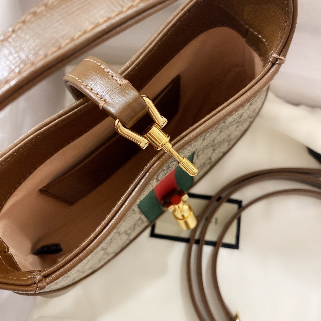 SAC À BANDOULIÈRE JACKIE 1961 MINI 19 EN TOILE BEIGE ET CUIR DE VEAU MARRON