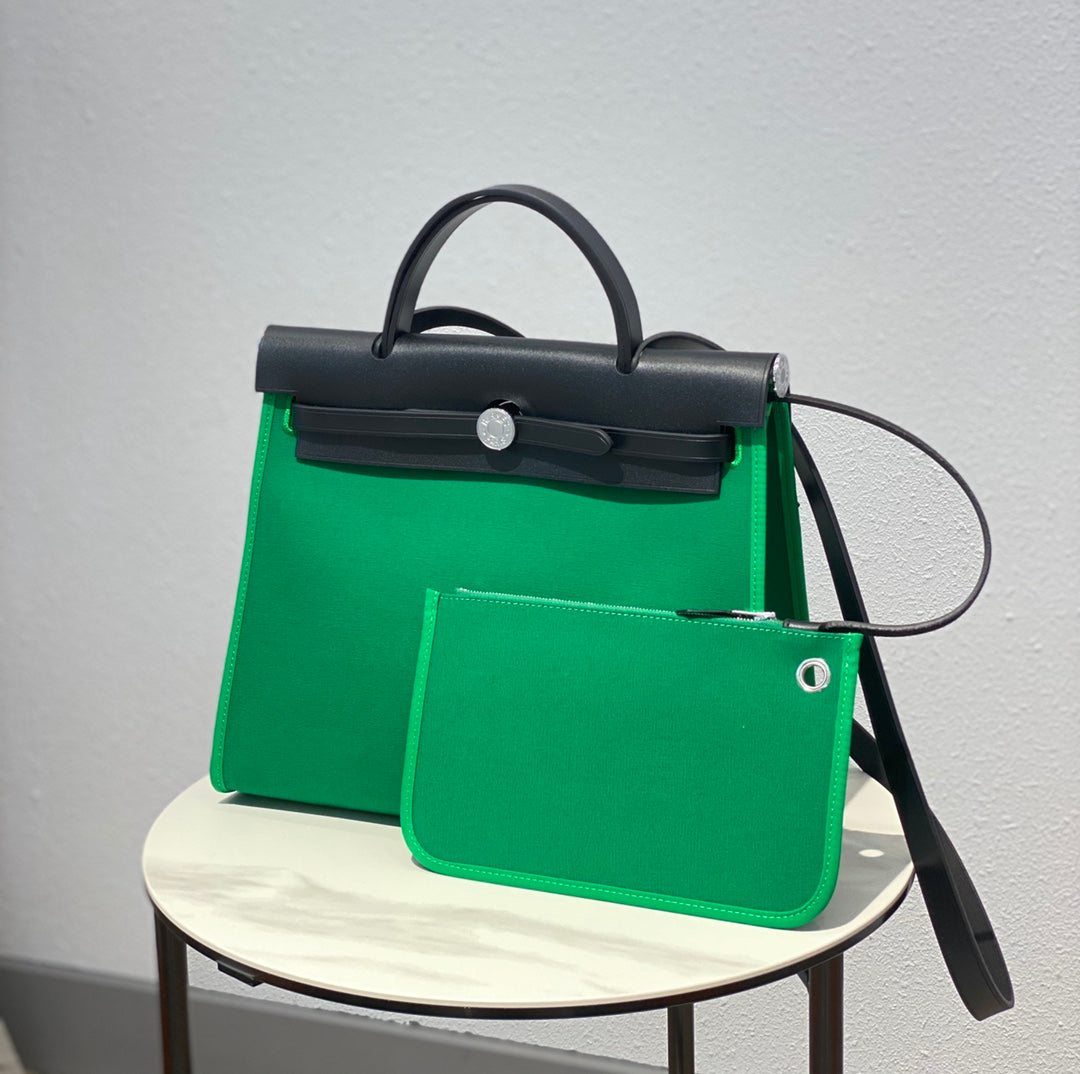 HERBAG 31 TOILE GREEN CANVAS BLACK COWHIDE LEATHER