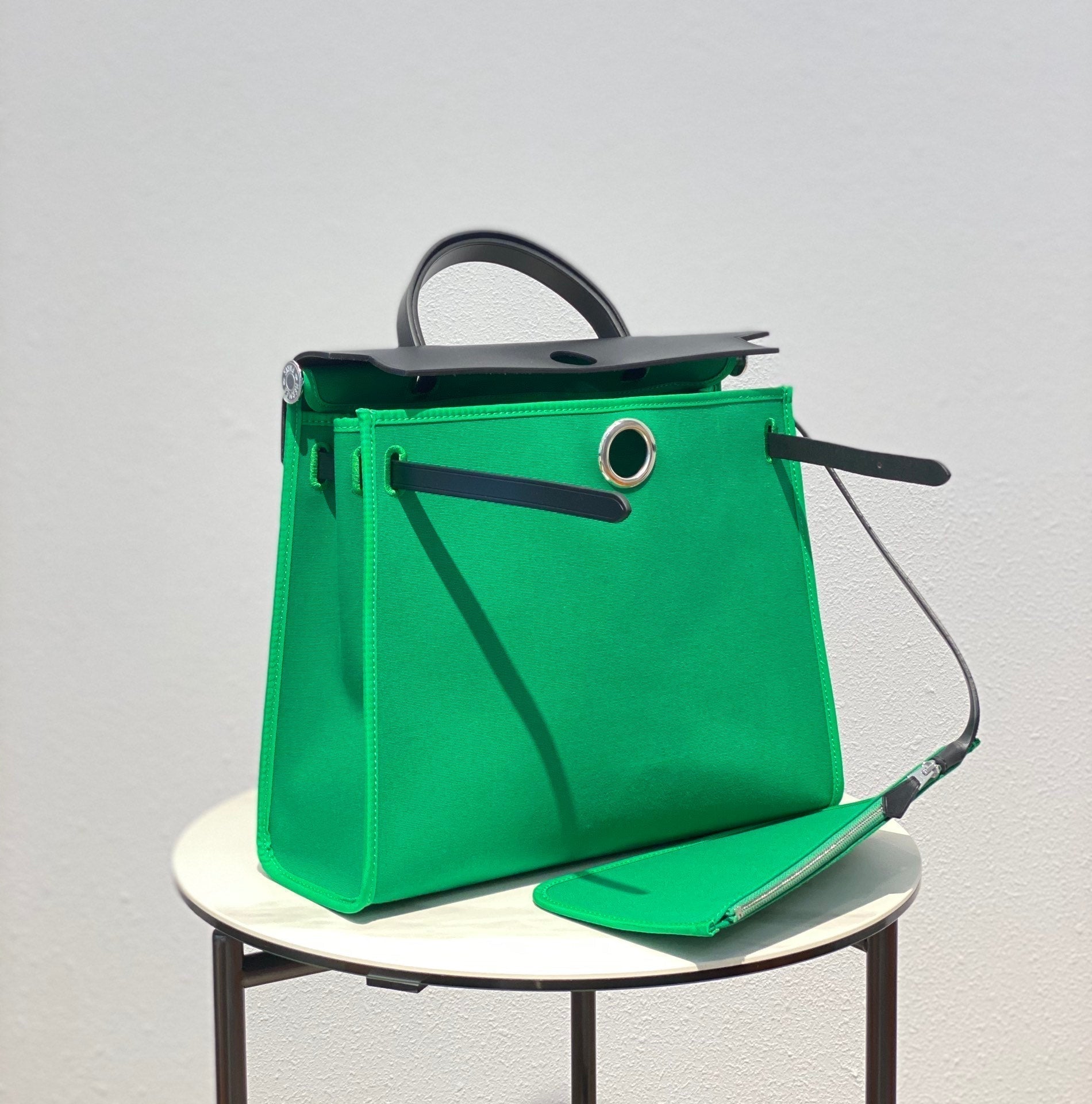 HERBAG 31 TOILE GREEN CANVAS BLACK COWHIDE LEATHER