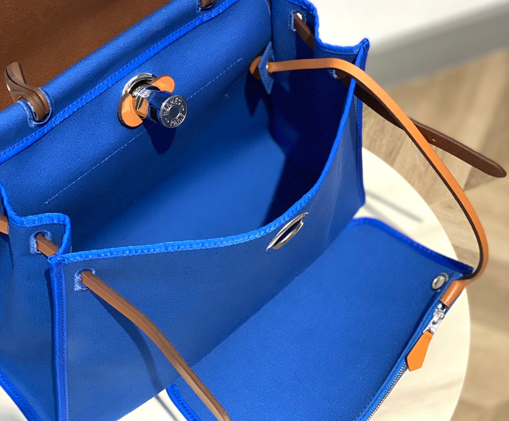 HERBAG 31 TOILE BLUE CANVAS GOLD COWHIDE LEATHER