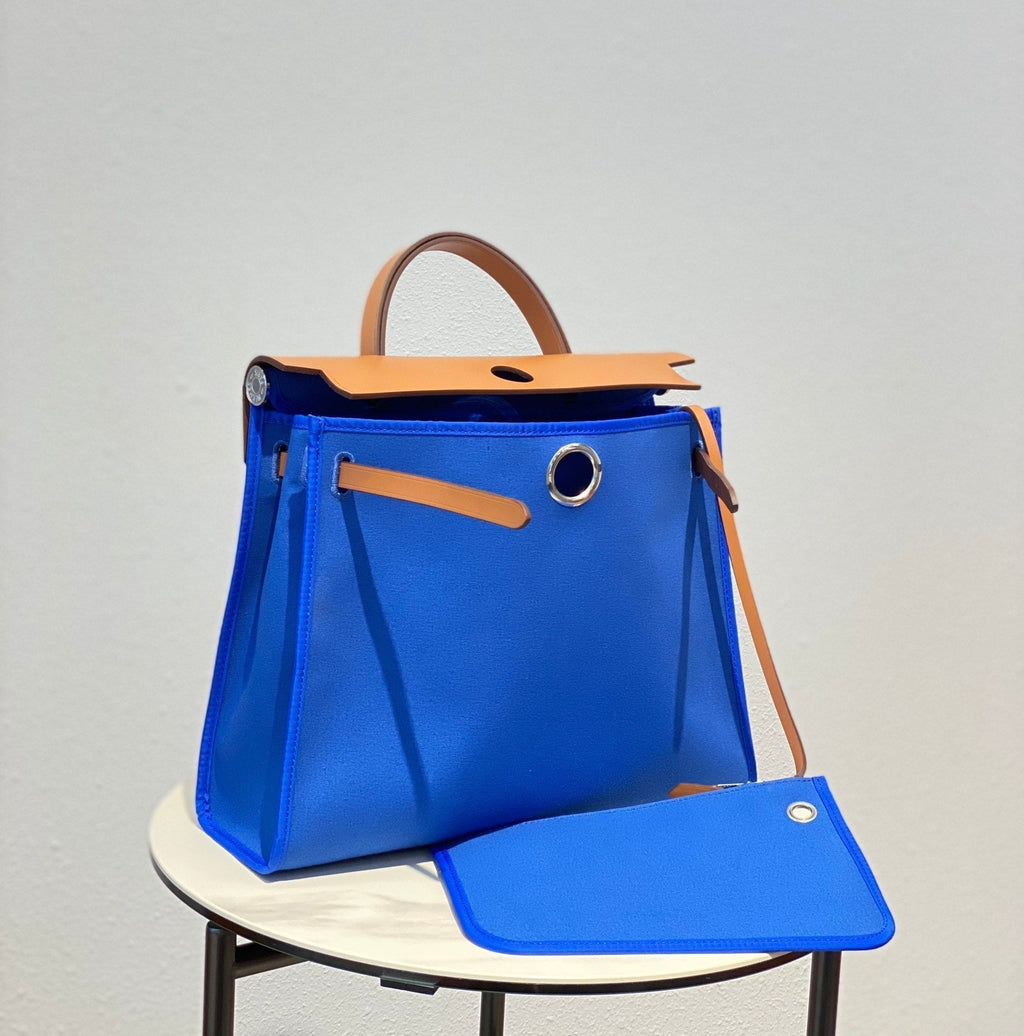 HERBAG 31 TOILE BLUE CANVAS GOLD COWHIDE LEATHER